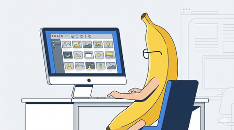 banana stilizzata seduta a una scrivania, davanti a un computer