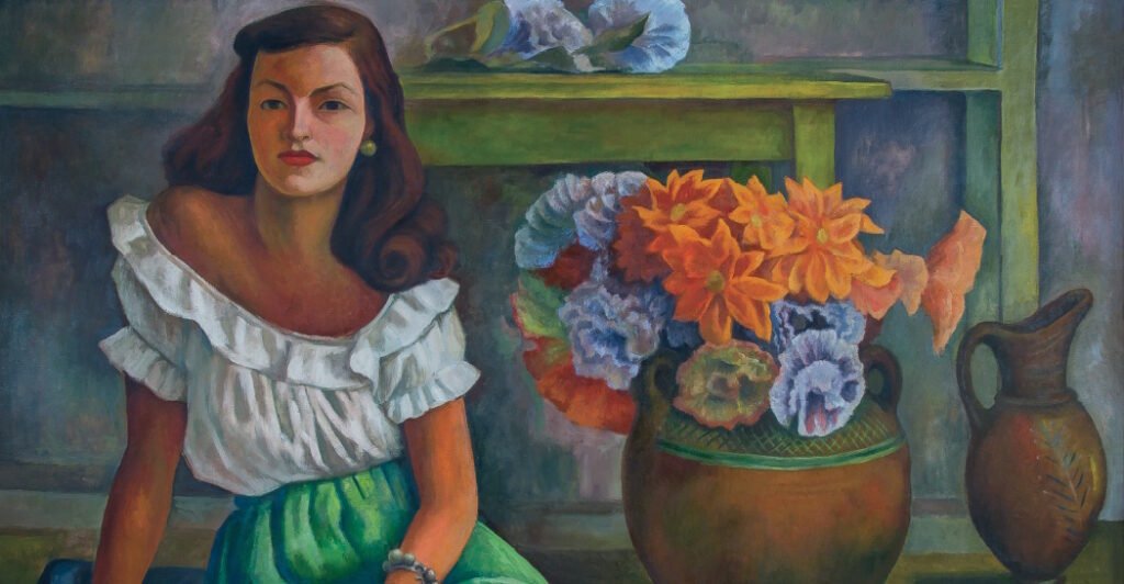 Quadro di Diego Rivera - Donna seduta con fiori